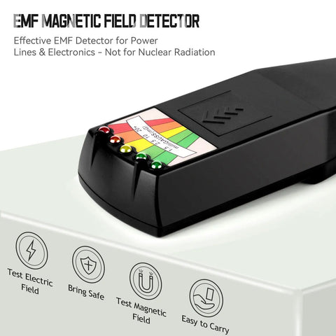 Handheld EMF Meter For Ghost Hunting With LED Display, Paranormal Detector on white box, showing color-coded sensor range