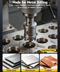 Rock Hard Carbide Hole Saw Kit For Metal Working Twenty One Piece TCT Cutter Set in action on stainless steel sheets.