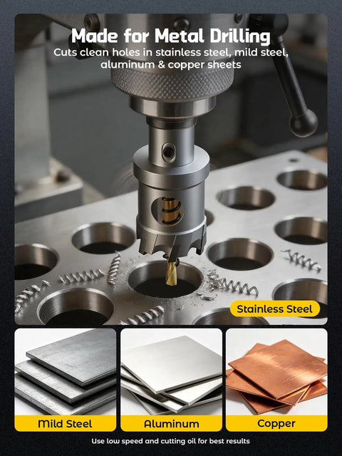 Rock Hard Carbide Hole Saw Kit For Metal Working Twenty One Piece TCT Cutter Set in action on stainless steel sheets.