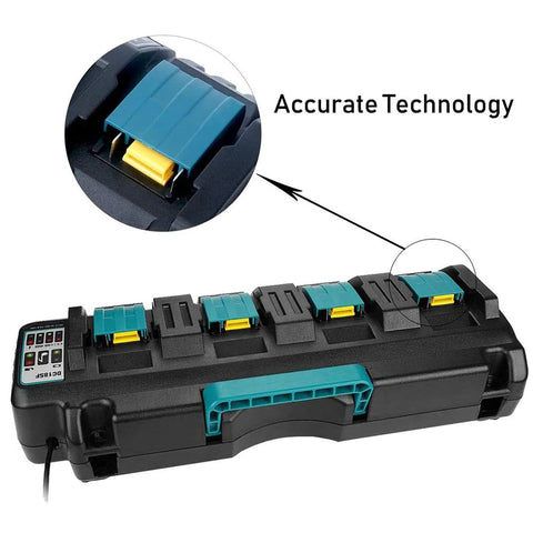 Four Port Battery Charger Station for 14.4V to 18V Lithium Tool Batteries With Two USB A Ports Rapid Simultaneous Charging