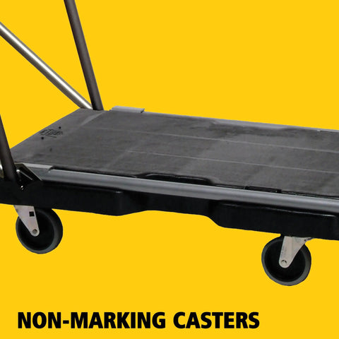 Convertible Folding Utility Dolly Cart Platform Truck With Wheels 250 Lb Capacity For Moving And Hauling In Warehouse Or Office Collapsible Design Non Marking Casters Ergonomic Three Position Handle For Push Pull Or Flat Fold. Non-marking casters and foam deck close-up