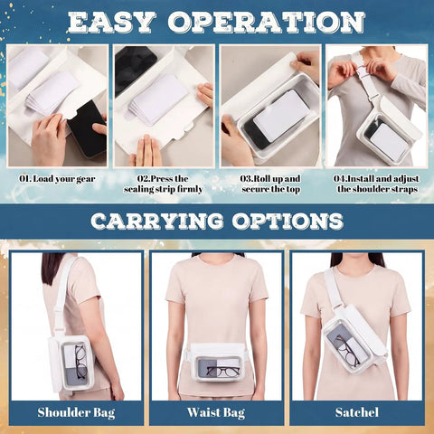 Steps to use Waterproof Phone Pouch Fanny Pack IPX8 with Floating Dry Bag as shoulder, waist, and satchel options show versatile use.