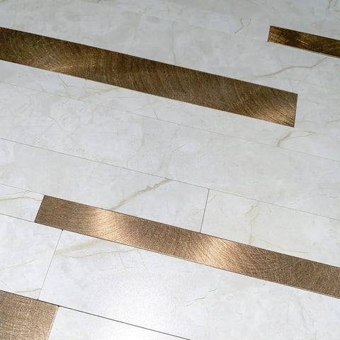 Peel And Stick Backsplash Tiles 10 Sheets Real Texture Marble White Copper Look Subway Style Aluminum PVC Wall Tiles close-up view