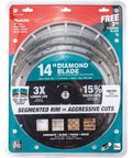 Front packaging view of 14 Inch Diamond Blade Segmented General Purpose For Concrete Block And Brick Pro Grade Contractor 3 Pack With 12mm Segments And Laser Welded Joint For Faster Cooler Cuts.