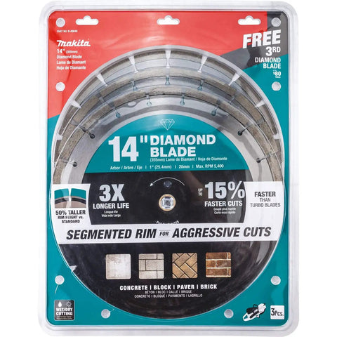 Front packaging view of 14 Inch Diamond Blade Segmented General Purpose For Concrete Block And Brick Pro Grade Contractor 3 Pack With 12mm Segments And Laser Welded Joint For Faster Cooler Cuts.