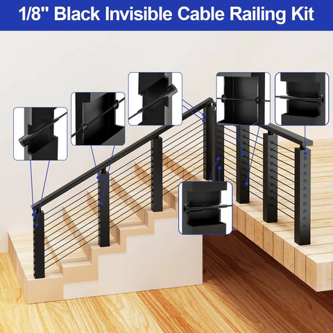 Image of 50 Pack One Eighth Inch Black Stainless Steel Invisible Receiver And Swage Stud End for cable railing on stairs and deck.