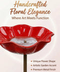 Red metal flower garden stake bird bath watering station for pollinators outdoor garden decor hummingbird fountain.