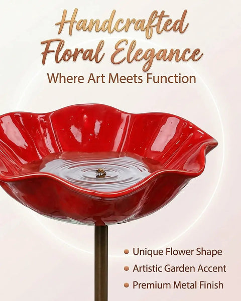 Red metal flower garden stake bird bath watering station for pollinators outdoor garden decor hummingbird fountain.