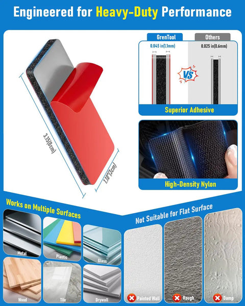 Detailed image showing Heavy Duty Adhesive Hook And Loop Strips That Totally Crush It For Indoor Outdoor Wall Mounts with dimensions and material info.