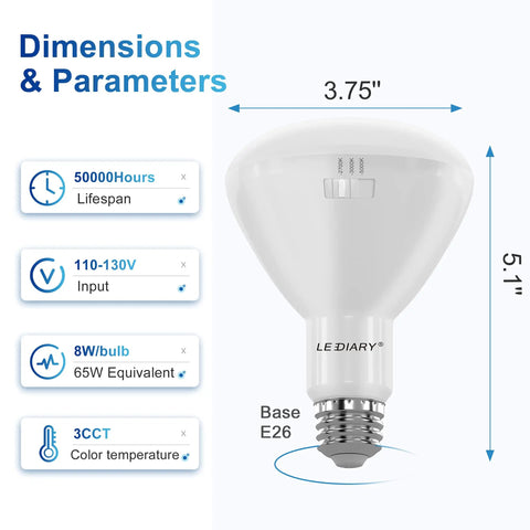 20 Pack BR30 Recessed Light Bulbs With 3 Color Temperatures In One Light 2700K 3000K 5000K Dimmable 8W Equals 65W 650 Lumens Indoor Flood Light Bulbs For Cans E26 Medium Base UL Listed