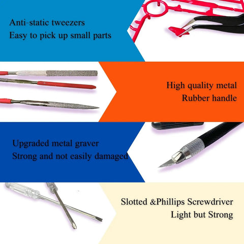 Gundam Model Tool Kit 28 Piece All In One Hobby Building Set with pliers, files, tweezers, and screwdrivers for model assembly.