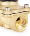 Front view of brass 3/4-inch electric solenoid valve with threaded inlet, 110V AC, normally closed