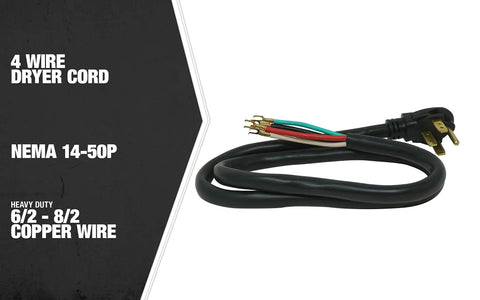 Heavy Duty 50 Amp Range Power Cord With Four Prong Flat Plug, Four Feet, One Quarter Inch Flanged Terminals, Compatible With Most Free Standing Electric Ranges With A Four Conductor Wall Outlet, 125 And 250 Volt coiled on white background.