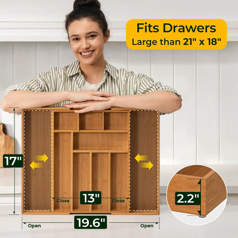 Carbonized Bamboo Expandable Kitchen Drawer Organizer, 13 to 19.6 inches wide, shown with dimensions and depth of 2.2 inches.