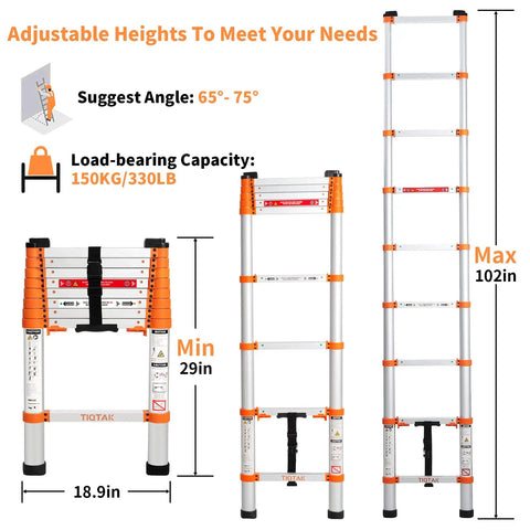 One-Button Retractable Telescoping Attic Ladder 8.5 Ft Aluminum Extension Collapsible Heavy-Duty 330 Lb shown fully extended and collapsed