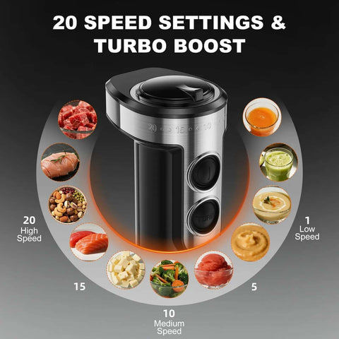 Tough As Nails Handheld Immersion Blender With Twenty Speed Settings And Turbo Boost 1200W showing speed settings and food options.