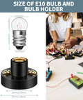 Diagram showing size of 30 Piece E10 Mini Bulbs with Black Plastic Socket Holder for DIY Projects and Student Experiments.