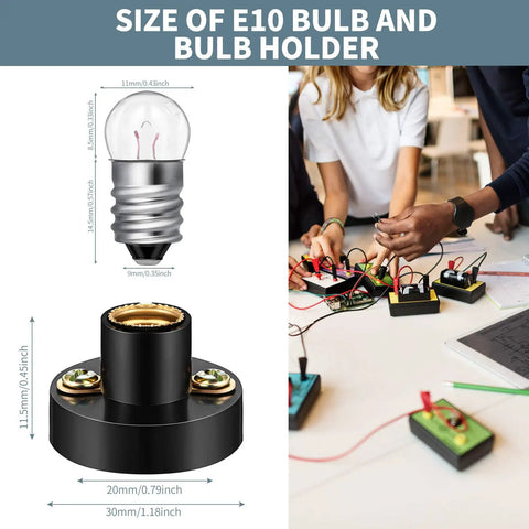 Diagram showing size of 30 Piece E10 Mini Bulbs with Black Plastic Socket Holder for DIY Projects and Student Experiments.