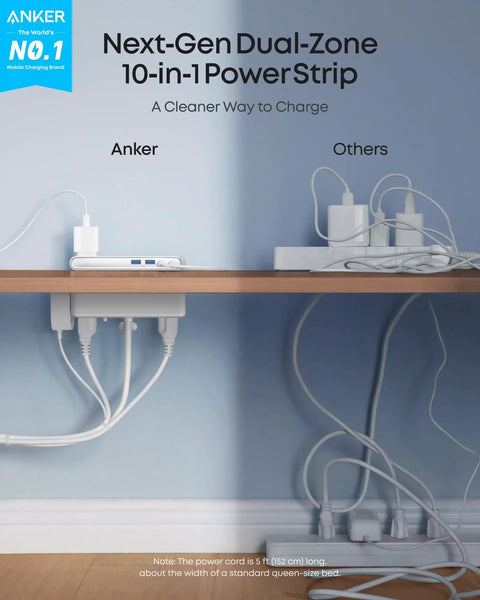 Top Tier Desk Organizer Power Strip Featuring Space Saving Clamp Design 70W Usb C Rapid Charge Ten Port Layout Pro Grade Surge Suppressor under desk setup with organized cables.