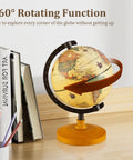 Six Inch Mini Vintage Rotating Globe With Curved Alloy Stem And Solid Wooden Base, Printed World Map Desk Decor on table