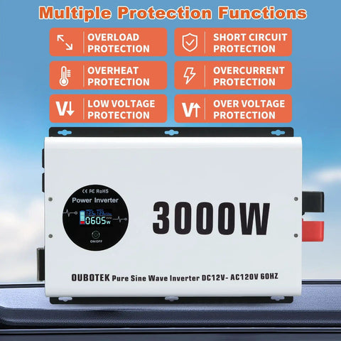 Beefy 3000W Pure Sine Wave Inverter 12V DC To 120V AC Car Converter with LCD and protection functions displayed