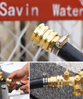 Garden Hose Adapter Set 3/4 Inch Brass GHT Double Female Swivel Connectors in use, showing leak-free connections on hoses.