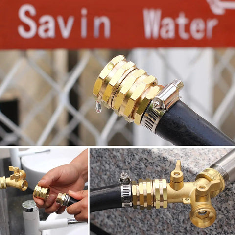 Garden Hose Adapter Set 3/4 Inch Brass GHT Double Female Swivel Connectors in use, showing leak-free connections on hoses.