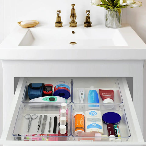 Clear Drawer Organizer Set, 4-Piece Box Trays For Office, Home, Makeup And Kitchen, Junk Drawer Storage, Crystal Clear Plastic