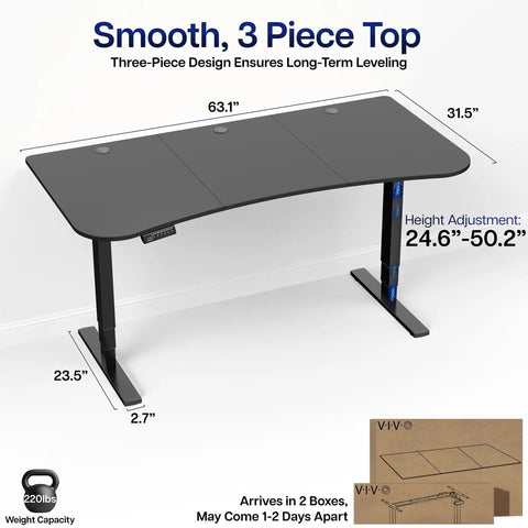 Vivo Black Sit Stand Desk Electric Height Adjustable 63 Inch Wide Ergonomic Workstation Three-piece top with height adjustment.