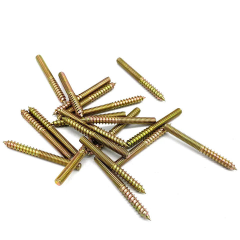 Pro Grade Shop Checked M4 X 40mm Hanger Bolts 20 Pack Heavy Duty Galvanized Steel Double Ended Wood Screws scattered on white background.