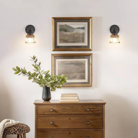Room with Vintage Battery Operated Wall Sconce with Amber Tulip Glass Lampshade Rechargeable Remote Controlled Black Wall Light