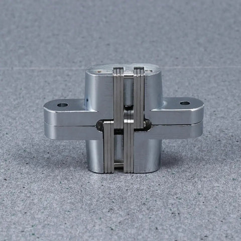 Close-up of 2 Pack Stainless Steel Cross Concealed Hinges For Wooden Doors And Counter Doors Silver Finish 180 Degree Folding Hinges.