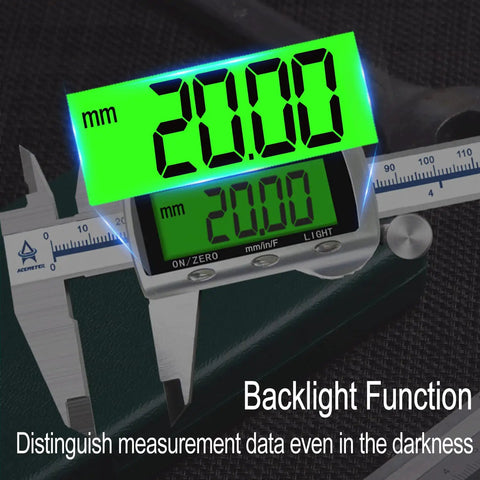 Backlit Digital Caliper for Do-It-All Precision Measuring in Inches, Millimeters and Fractions with backlit LCD display.