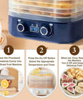 Instructions for No Sweat Compact Home Dehydrator For Countertops With Five Stackable Trays, precise settings and food prep.