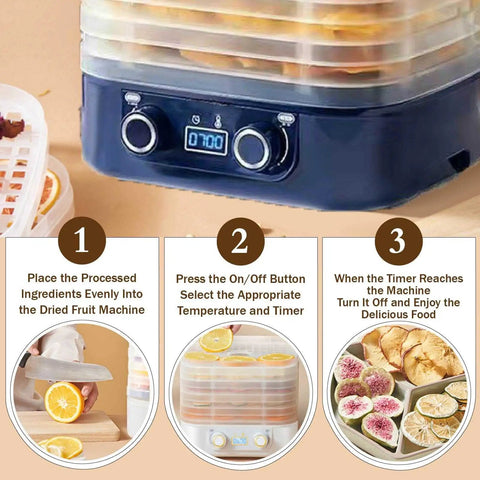 Instructions for No Sweat Compact Home Dehydrator For Countertops With Five Stackable Trays, precise settings and food prep.