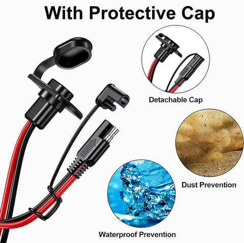Heavy Duty SAE Quick Connector Harness 1 Ft 12 AWG Cable From Male Plug To Female Socket Waterproof Extension Cord For Solar Panels Generators And Battery Chargers with protective cap demonstration