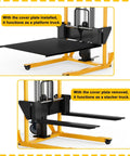 Built Tough Hydraulic Material Lift And Foldable Winch Stacker With Removable Steel Platform shown as platform and stacker truck in two views.