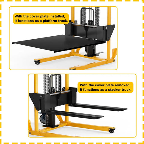 Built Tough Hydraulic Material Lift And Foldable Winch Stacker With Removable Steel Platform shown as platform and stacker truck in two views.