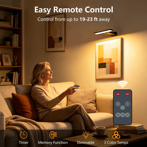 Woman using remote control for Killer Glow Two Pack Battery Operated Picture Lights With Remote in cozy living room.