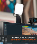 Litra Glow Premium LED Streaming Light With TrueSoft Skin Tone mounted on monitor showcasing wide soft diffusion for video calls.