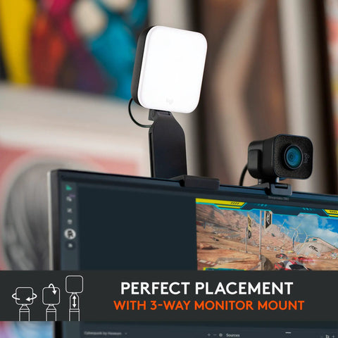 Litra Glow Premium LED Streaming Light With TrueSoft Skin Tone mounted on monitor showcasing wide soft diffusion for video calls.