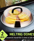 Heavy Duty Stainless Steel Cheese Melt Dome Set Of Two, Killer Flat Top Grill Basting Cover, Top Griddle Steam Lid Built Tough For Outdoor BBQ And Backyard Feasts with melted cheese on food.