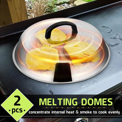 Heavy Duty Stainless Steel Cheese Melt Dome Set Of Two, Killer Flat Top Grill Basting Cover, Top Griddle Steam Lid Built Tough For Outdoor BBQ And Backyard Feasts with melted cheese on food.