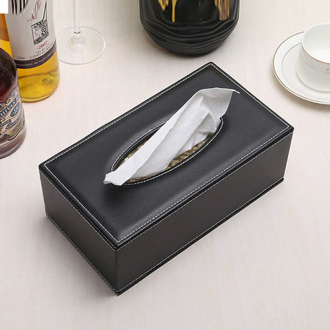 Premium PU Leather Tissue Box Holder With Lid Black Dope Napkin Dispenser on a table, sleek rectangular design