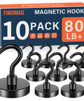 Heavy Duty Magnetic Hooks 80 Lb Capacity With Neodymium Grade 5 Magnets And Steel Construction, 10-pack product image