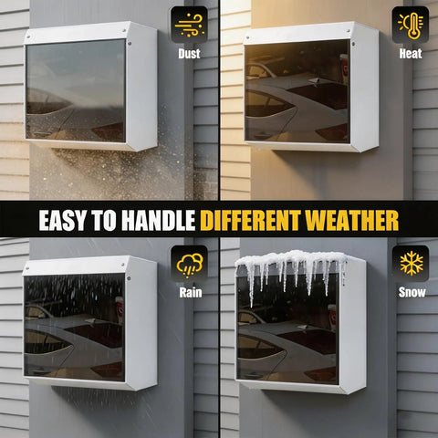 Universal Fit EV Charger Cover Heavy Duty Powder-Coated Iron Frame And Tinted Acrylic Panel showcased against dust, rain, heat, and snow.