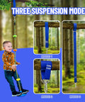 Child using Kid Friendly Outdoor Swing Set With Disc Seat Climbing Rope And Platform Heavy Duty Tree Swing Kit Includes Carabiner 4 Ft Tree Straps And Tree Protector Safe Backyard Playground Must Have For Active Fun with three suspension modes displayed.