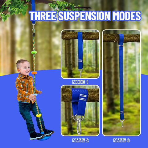 Child using Kid Friendly Outdoor Swing Set With Disc Seat Climbing Rope And Platform Heavy Duty Tree Swing Kit Includes Carabiner 4 Ft Tree Straps And Tree Protector Safe Backyard Playground Must Have For Active Fun with three suspension modes displayed.