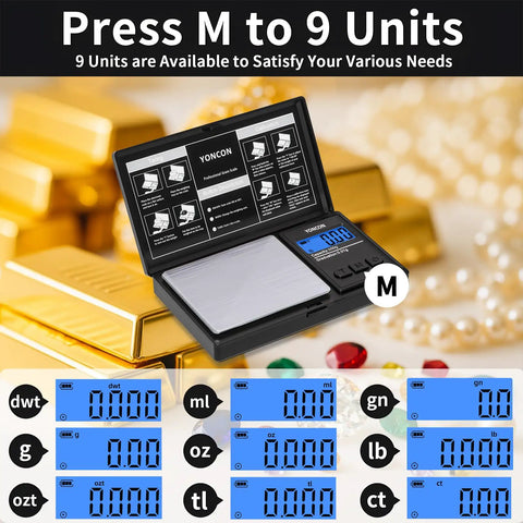 Ultra Precise 0.01g Digital Scale For Jewelry Gold Silver Diamonds Gems 500g Capacity Portable Pocket Scale With LCD Display Tare Function Ideal For Jewelers And Collectors showing multiple weighing units and LCD display.