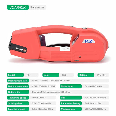 Hustle Free Electric Strapping Machine With Bright Digital Display And Massive 4000 Mah Battery Handles Half To Five Eighths In Poly Straps No Sweat Compact Cordless Bundler For Wood Metal Crate Packing in red color, showing detailed features.